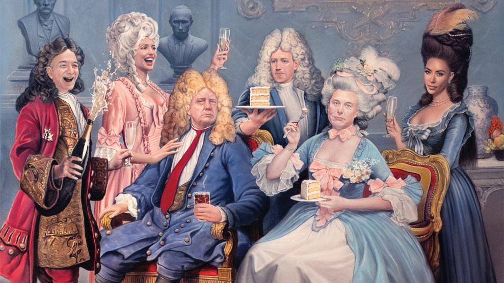 A painting of famous American celebrities dressed as French aristocrats. From left: Jeff Bezos, Ivanka Trump, Donald Trump, Mark Zuckerberg, Elon Musk, and Kim Kardashian. Elon Musk is dressed like Marie Antoinette and eating cake.