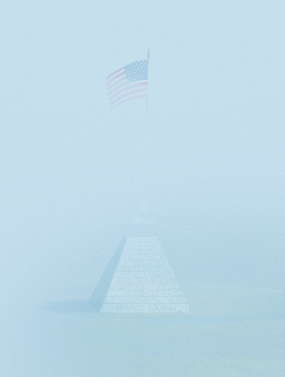 An American flag waves in an opaque, foggy light blue background.