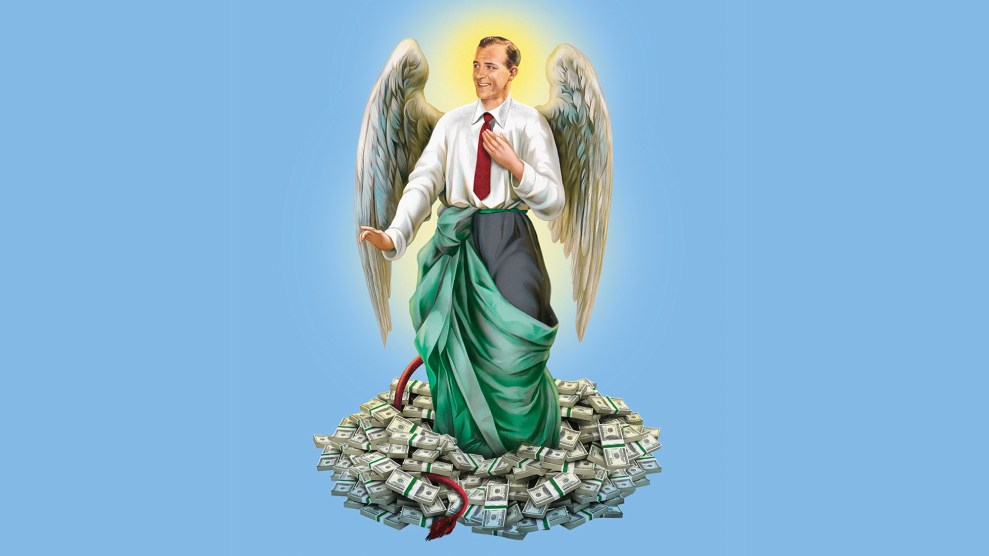 A philanthropist with angel wings and a devil's tail stands in a huge pile of cash.