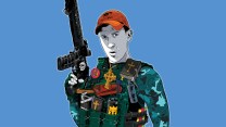 An illustration of a white man with brown hair holding a machine gun