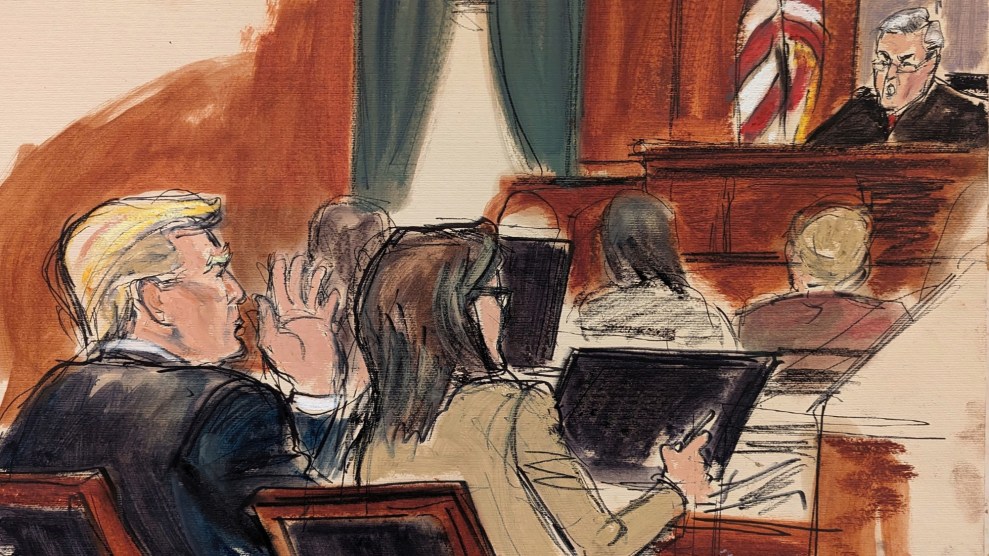 In a courtroom sketch, Donald Trump, seated left, with his defense attorney Alina Habba, is told off by Judge Lewis Kaplan, in Federal Court.