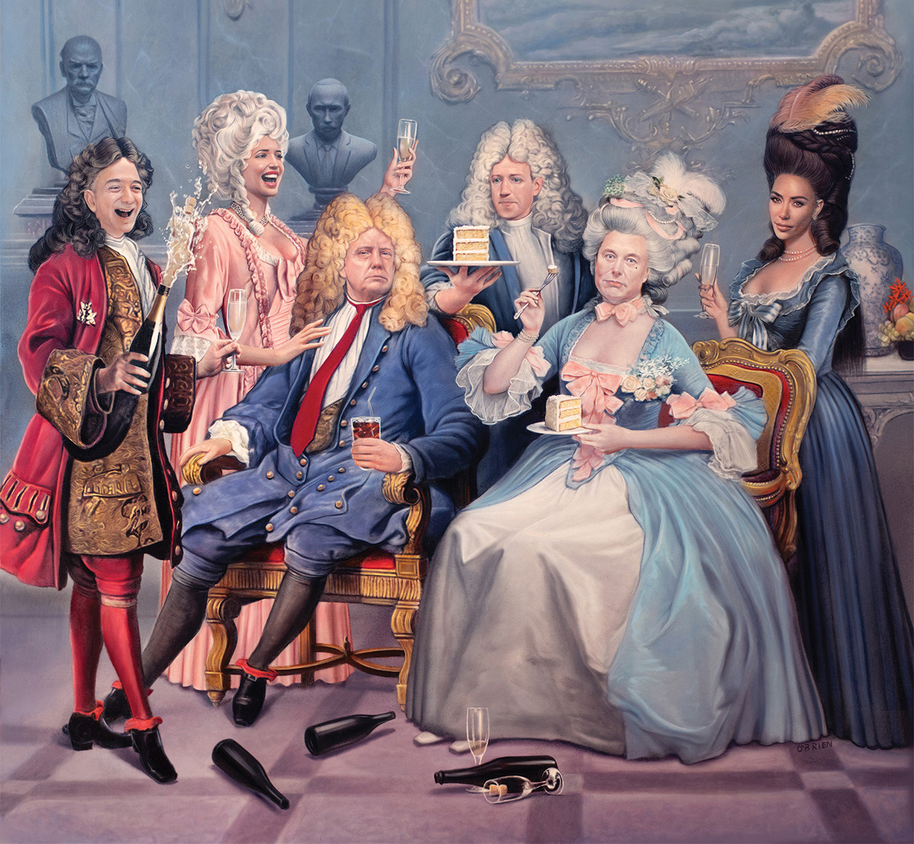 A painting of famous American celebrities dressed as French aristocrats. From left: Jeff Bezos, Ivanka Trump, Donald Trump, Mark Zuckerberg, Elon Musk, and Kim Kardashian. Elon Musk is dressed like Marie Antoinette and eating cake.