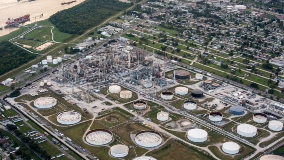 aerial shot of a Cancer Alley in Louisana neighborhood, which includes a chemical plant