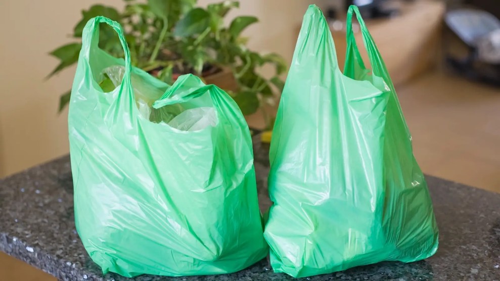 Two green plastic bags on a countertop