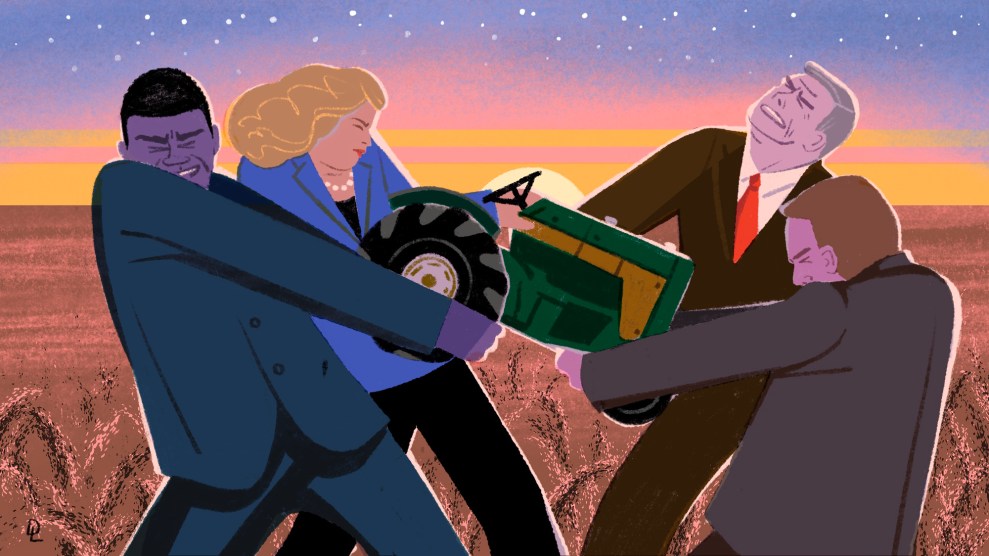 Illustration featuring four politicians, three men and one woman, standing in a field fighting over a green tractor.