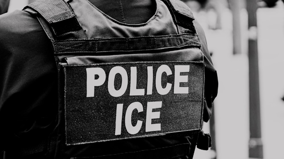 A photo illustration of a U.S. Immigration and Customs Enforcement official wearing a vest that reads, 'POLICE ICE'