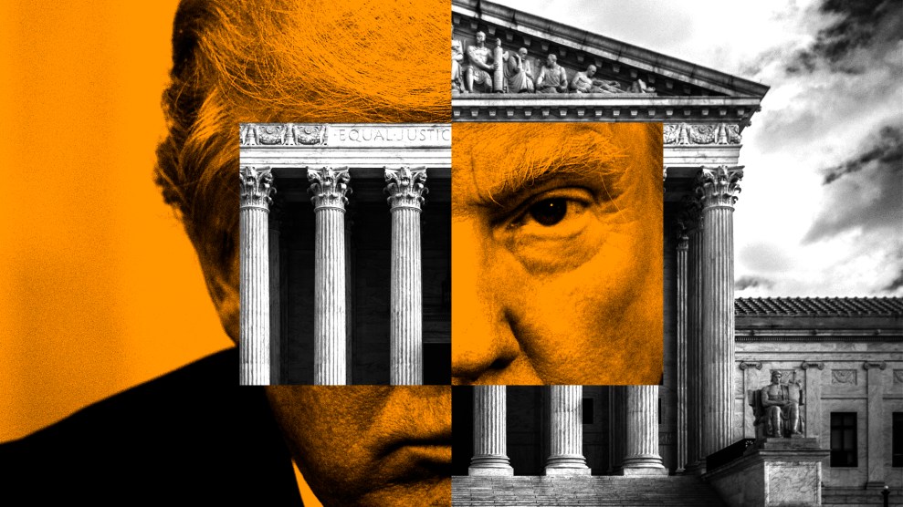 Split screen collage of President Donald J. Trump and the Supreme Courthouse building.