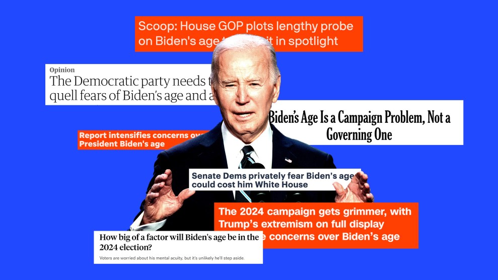 A cutout of President Biden, surrounded by news headlines concerning his age.
