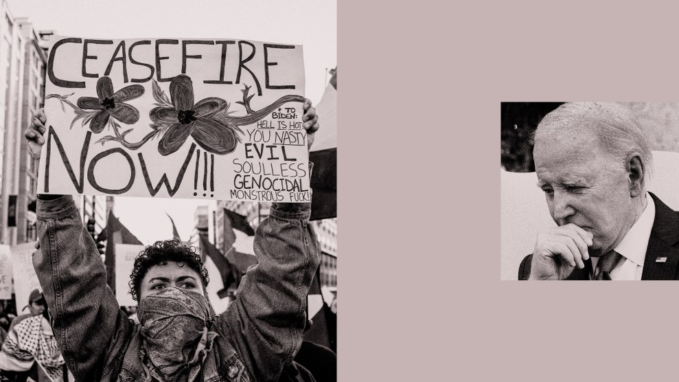 A pairing of gray monotone images. On the left, young protestors hold signs. One reads 'Ceasefire now!!!' On the right side, isolated in space, is a small image of Joe Biden with head tilted down, chin resting on right hand.