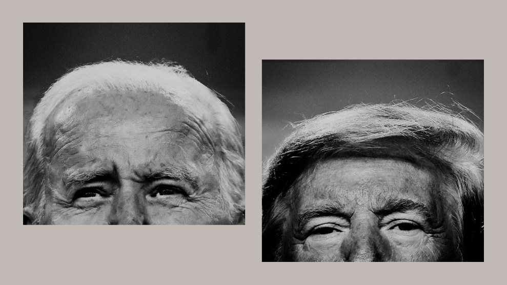 A diptych of black-and-white portraits of Joe Biden and Donald Trump. Biden on the left, Trump on the right. They are pictured from their noses to the tops of their hair.