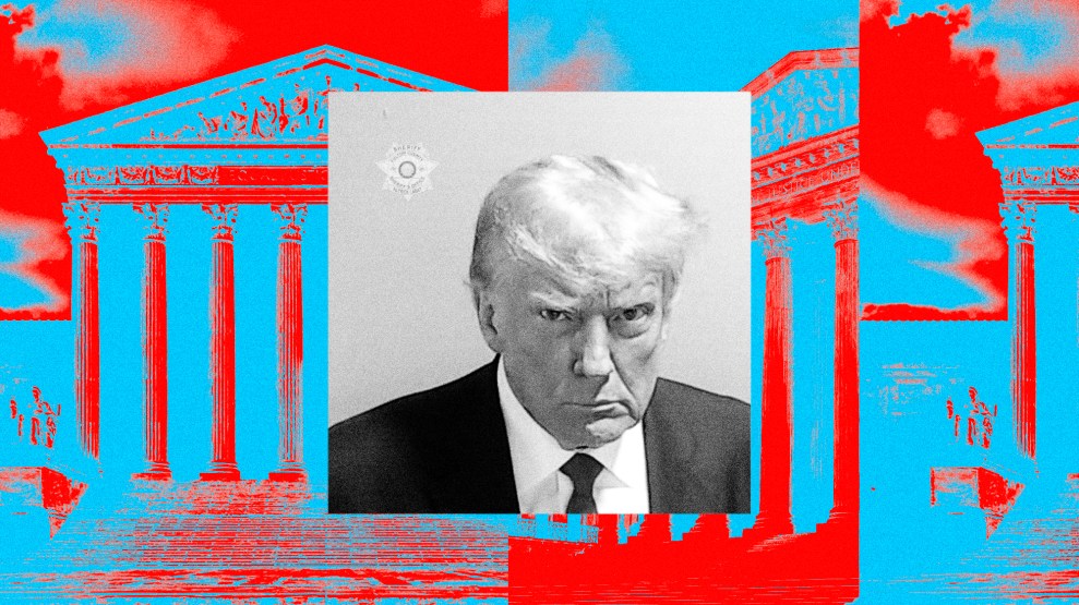 A photo illustration of Donald Trump's mugshot in front of a stylized background of the supreme court building.