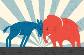 All illustration a blue Democratic donkey and red Republican elephant butting heads