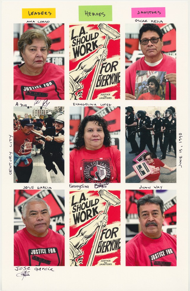 A grid of nine photos with handwriting on it. At the top it reads: Leaders, Heros, Janitors.