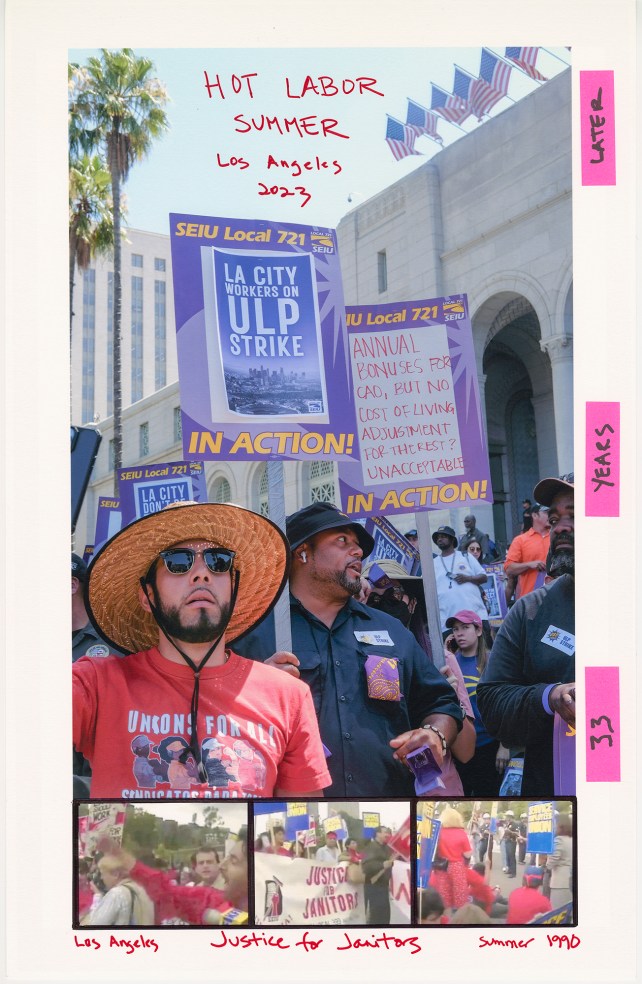 Collage with four images, one large and three small. Handwriting that reads "Hot Labor Summer Los Angeles 2023" at the top. Striking LA city workers carrying picket signs. Bottom three photos show TV stills from a Justice for Janitors protest in the 1980s that turned violent.