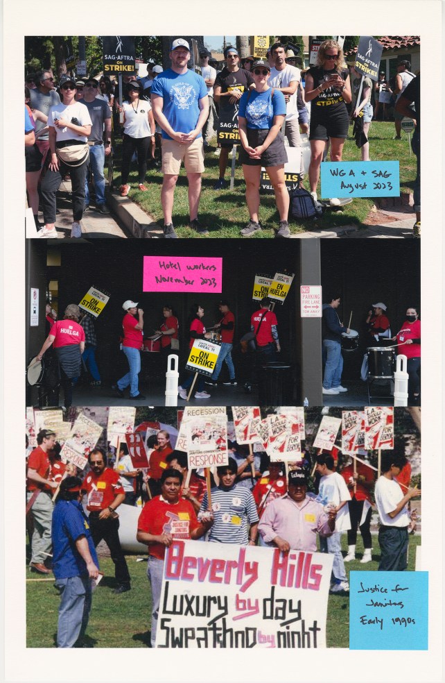 Collage of three horizontal images stacked. Top image is WGA + SAG strike in August 2023, middle is Hotel Workers strike in 2023, bottom is Justice for Janitors strike, 1990. All images show striking workers holding picket signs.