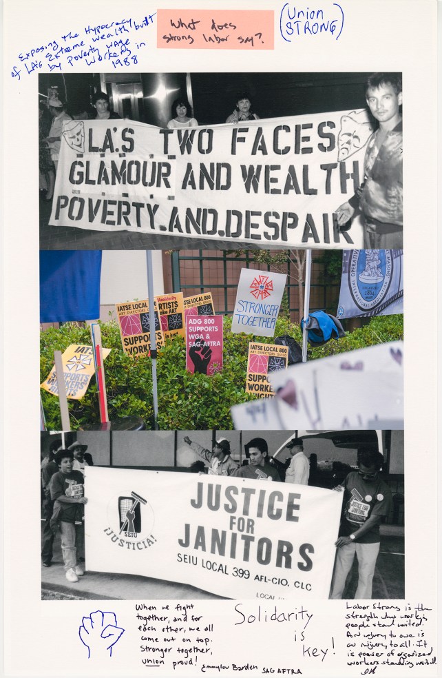 Collage of three horizontal images stacked with handwriting at the top and bottom of the collage. Top and bottom images are black and white photos from protests in the late 1980s. Middle image is a color photograph of protest signs stuck in a bush.