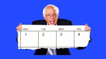 Berni Sanders holding up an oversized, torn piece of calendar that reads Monday, Tuesday, Wednesday and Thursday.