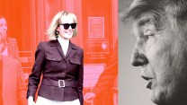 Photo illustration of E Jean Carroll in full color leaving Manhattan Federal Court triumphantly after a jury found Donald Trump guilty of abuse. She's set against a red and pink gradient background. On the right side of the image, the profile of a sullen Trump, toned in a muted gray.