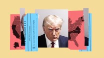 A photo collage of Donald Trump's mugshot and cut up pieces of a US map and a voting ballot.