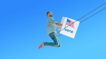 An illustration of a man on a swing set while voting in a voting booth.