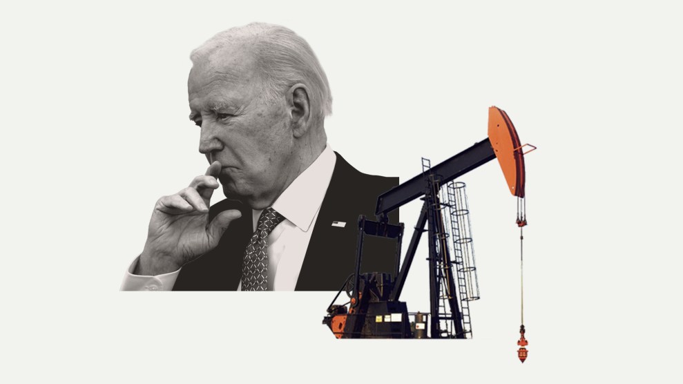 An illustration that pairs a pensive looking black-and-white image of Joe Biden with a black and orange oil field pumpjack.