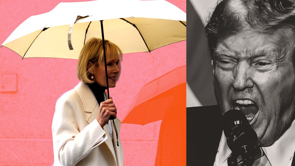 A diptych of photos of Donald Trump and E. Jean Carroll. On the right, Donald Trump, cropped tightly, in dark gray monotone, yells into a microphone at a campaign rally. On the left, E. Jean Carroll, in color against a bright red background, holds an umbrella, evocative of using it as a shield against Trump's slanders.