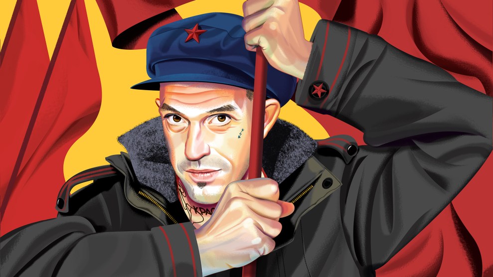 Portrait of Fergie Cox Chambers illustrated in a style of old Soviet revolution posters.