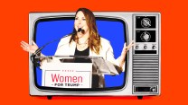 An illustration of Ronna McDaniel popping out of a television set, as she stands behind a podium that has a sign that reads 'Women for Trump'.