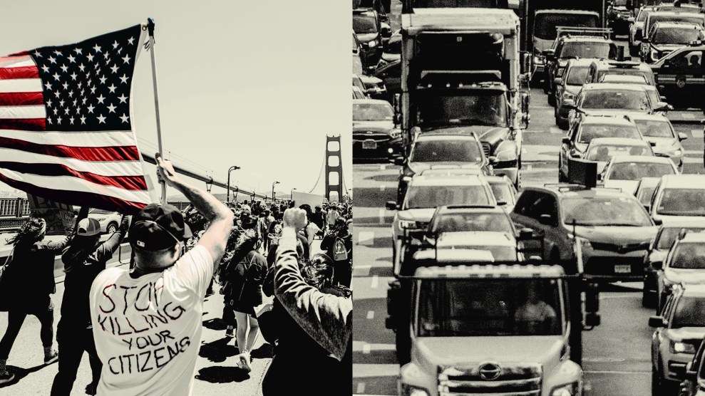 In a pairing of photos, there is traffic on the right side of the diptych. On the left, protestors march along the Golden Gate Bridge in San Francisco. One person, who wears a t-shirt with the words "Stop killing your citizens," waves an American flag above his head.