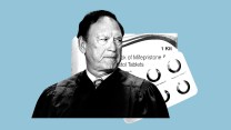 A photoillustration of justice Alito looking suspiciously over his shoulder at a package of Mifepristone