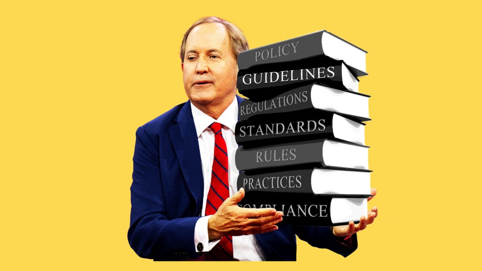 A photo illustration of Texas Attorney General Ken Paxton holding books with such titles as Policy, Guidelines, Regulations, Standards, Rules, Practices and Compliance.