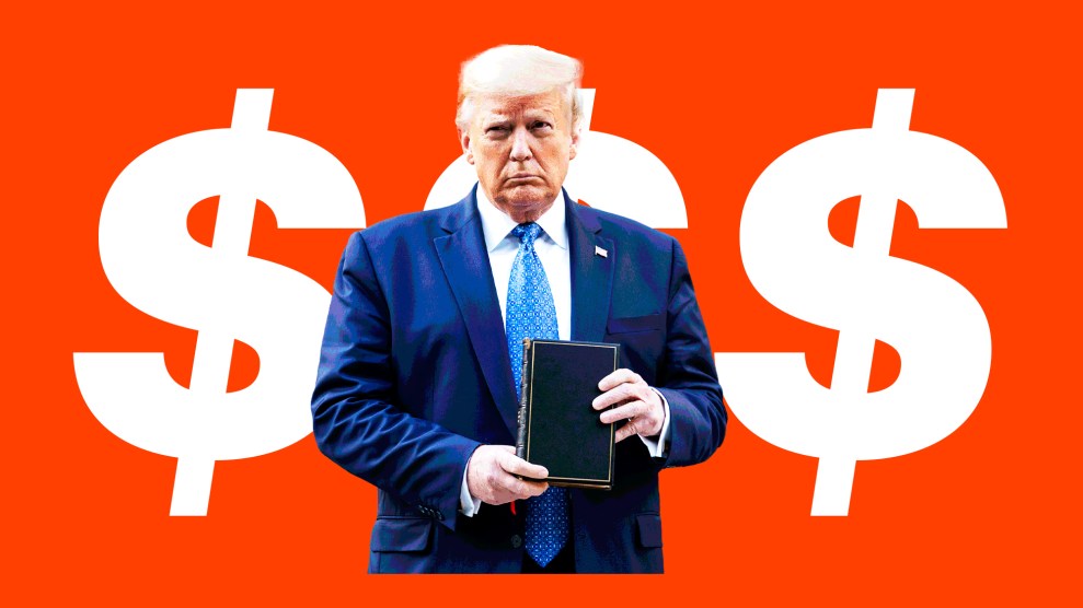 A simple collage of Donald Trump holding a bible in front of white dollar signs.
