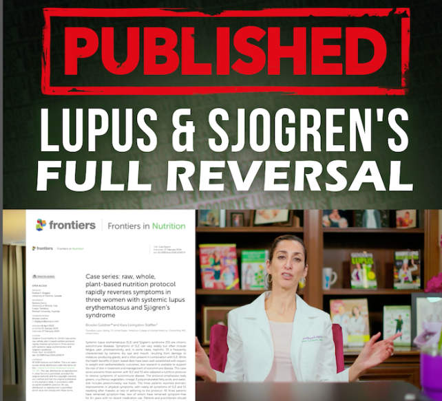 An Instagram post featuring Brooke Goldner is a white doctor's coat with the text "published: Lupus and Sjorgen's Full Reversal" and an excerpt of her case report