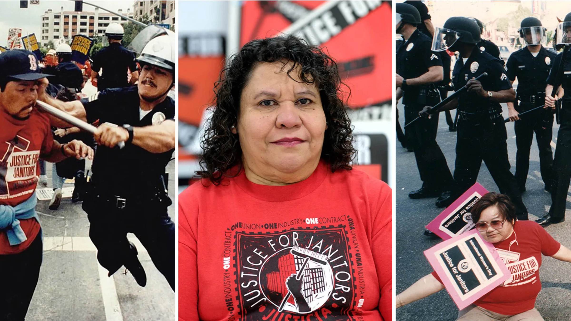 Three side-by-side images. Two on the outside edge show police confronting Justice for Janitors protesters. The middle photo is a portrait of a Latino woman.