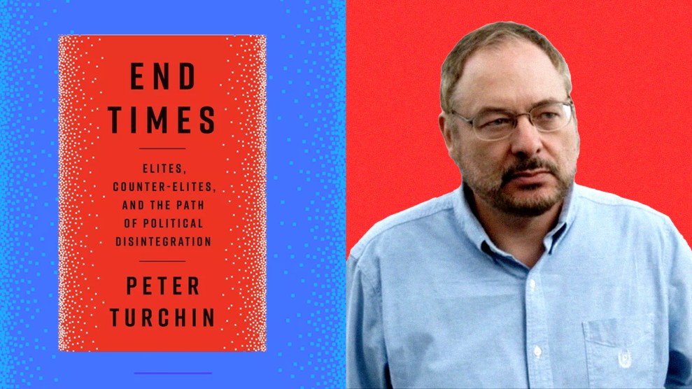 Side by side of Peter Turchin and his book, End Times.