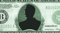 Close-up of a US banknote with the silhouette of a man in place of a president on it.