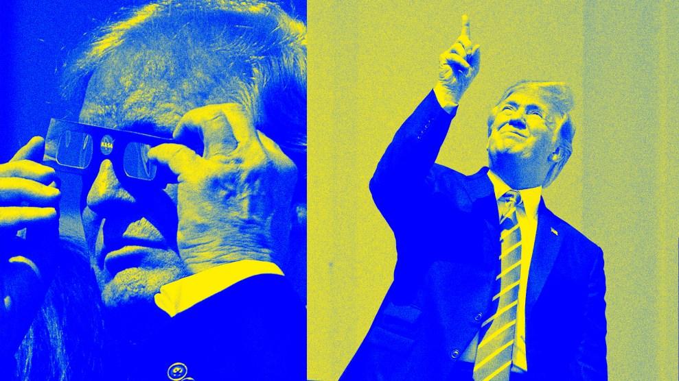 A diptych of Donald Trump. The first image shows Trump fumbling with eclipse glasses on his face. The second image shows him looking up and pointing towards the sky.