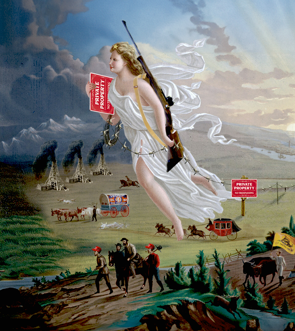 The painting "American Progress" (1872) by John Gast in which Columbia, with rifle over her shoulder, puts down barbed wire, instead of telephone line cable. She holds an armful of signs that read "Private Property. No Trespassing." Elsewhere in the illustration are people making the trek with "Make America Great Again" ballcaps. Another waves a "Don't Tread On Me" flag. In the distance are three gushing oil wells, and a covered wagon with Trump 2024 signage.
