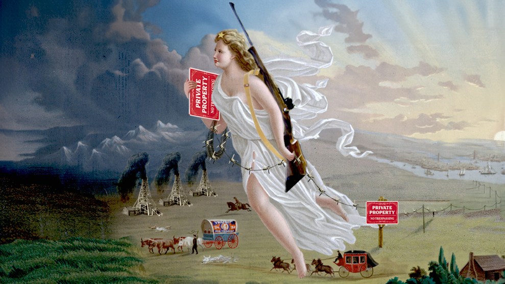 The painting "American Progress" (1872) by John Gast in which Columbia, with rifle over her shoulder, puts down barbed wire, instead of telephone line cable. She holds an armful of signs that read "Private Property. No Trespassing." Elsewhere in the illustration are people making the trek with "Make America Great Again" ballcaps. Another waves a "Don't Tread On Me" flag. In the distance are three gushing oil wells, and a covered wagon with Trump 2024 signage.