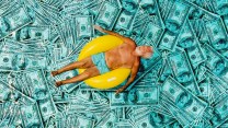 An old man floats on an inner tube in a pool where the water is 100 dollar bills.