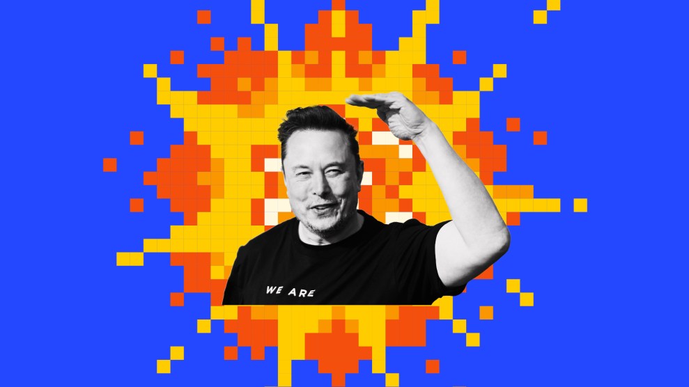 Collage of a relatively pleased Elon Musk in black and white against a 16-bit image of a red, orange and white explosion.