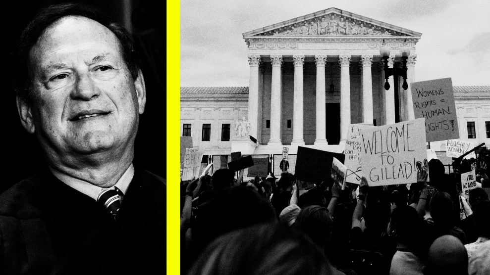 Black-and-white photo diptych of Justice Samuel Alito, left, and people outside the Supreme Court who are holding signs in protest of the Dobbs ruling. One sign reads 'Welcome to Gilead!' Another sign reads 'Womens Rights = Human Rights!'