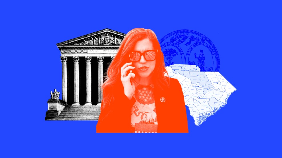Collage that features Nancy Mace, the Supreme Court facade, the seal of the state of South Carolina and a South Carolina congressional map.