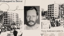 A picture of reporter Terry Anderson issued by his kidnappers, framed on both sides by the ruins of the US Embassy in Beirut, which was bombed in 1983. The illustration also has headlines from the New York Times, which read, 'Kidnapped in Beirut' in the top left corner, and 'Terry Anderson's Jailer is ... A Man Named Imad Mughniyeh' in the bottom right corner.