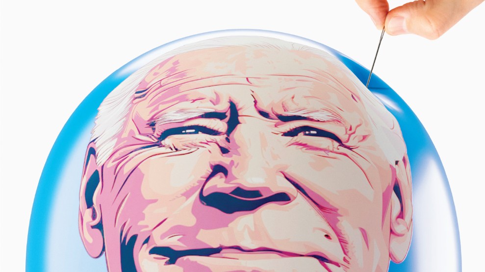 Joe Biden balloon floats into frame and is being pricked by a hand holding a pin, and is ready to pop.