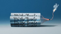 An illustration of several copies of the U.S. Constitution rolled up like individual scrolls. The scrolls are bundled together like dynamite with a lit fuse at the top.