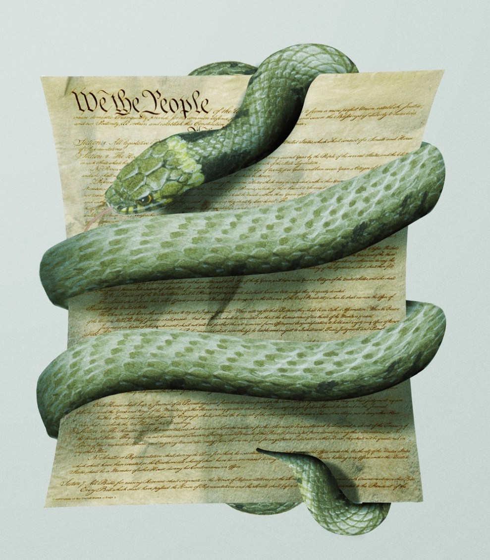 An illustration that nods to the story of the Garden of Eden, a green serpent coils itself around the Constitution.
