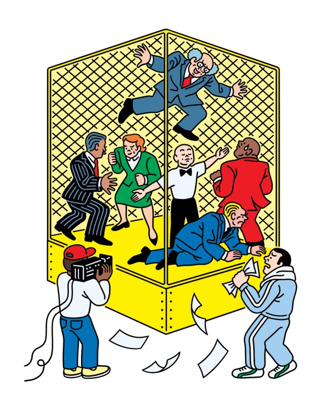 Five candidates for elected office, four men and one woman, face off in a cage match. 