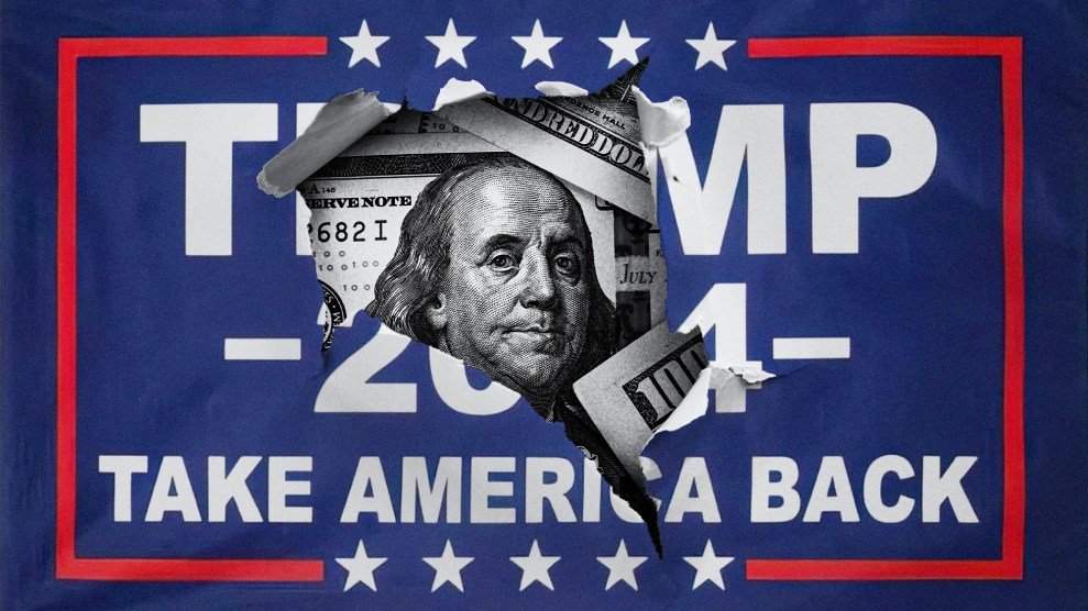 A hole has been torn in a "Trump 2024" sign; the face of Ben Franklin on a $100 bill peers out through the tear.