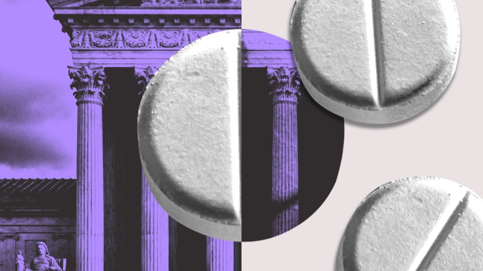 Collage featuring the Supreme Courthouse on the left and mifepristone pills on the right.